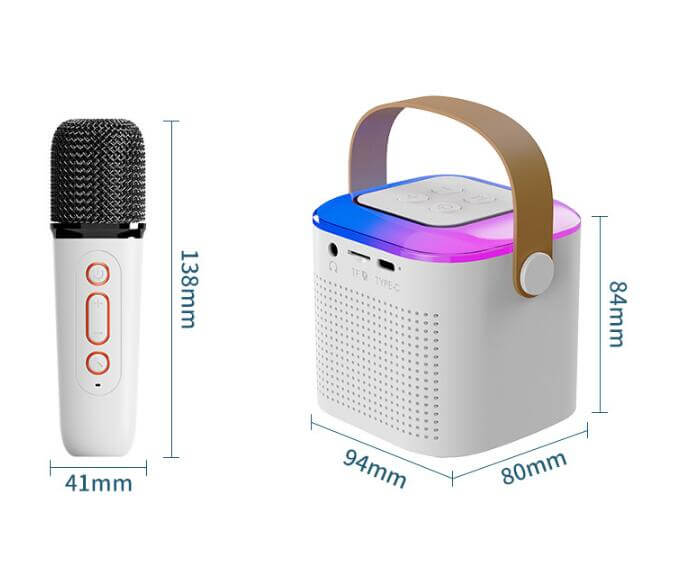 Bluetooth karaoke machine with two wireless mics and RGB lights for family singing fun, portable design.