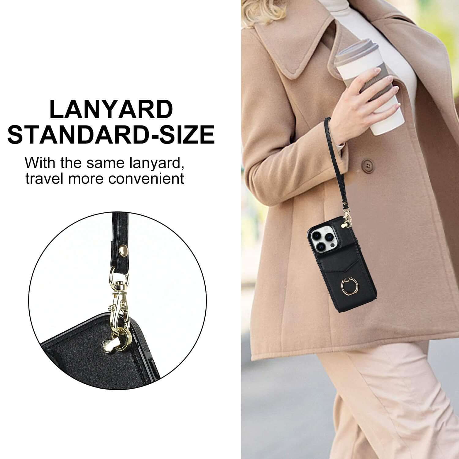 Woman wearing a black mobile phone cover with lanyard, showcasing travel convenience and style.