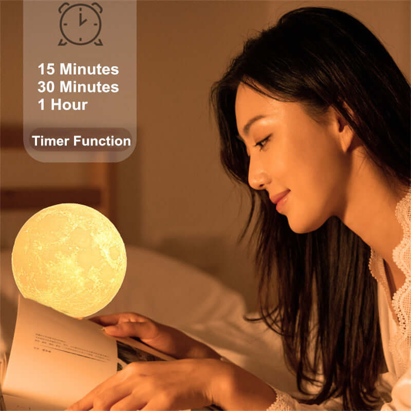 Woman reading with a 3D printed moon lamp featuring timer function for 15, 30 minutes, and 1 hour.