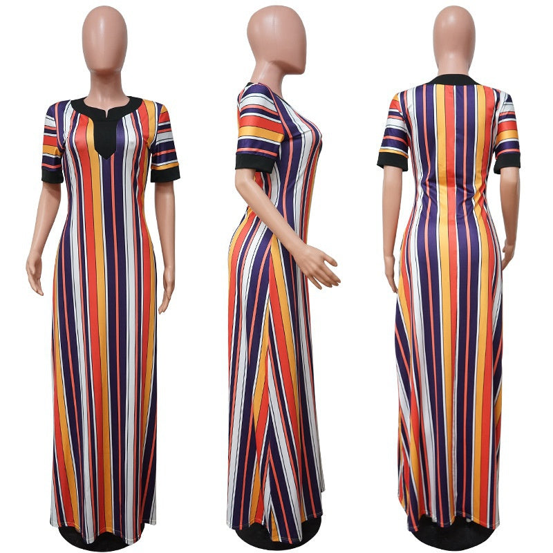 Women's Striped Small V Mid Waist Dress