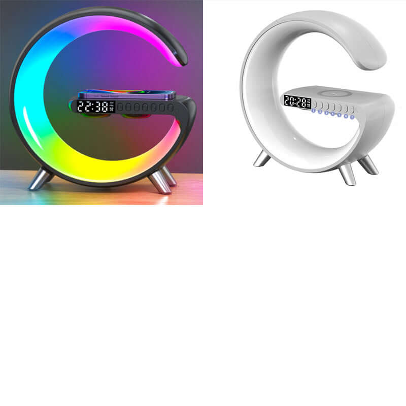 G-shaped LED lamp with wireless charging, Bluetooth speaker, and digital clock features in black and white designs.
