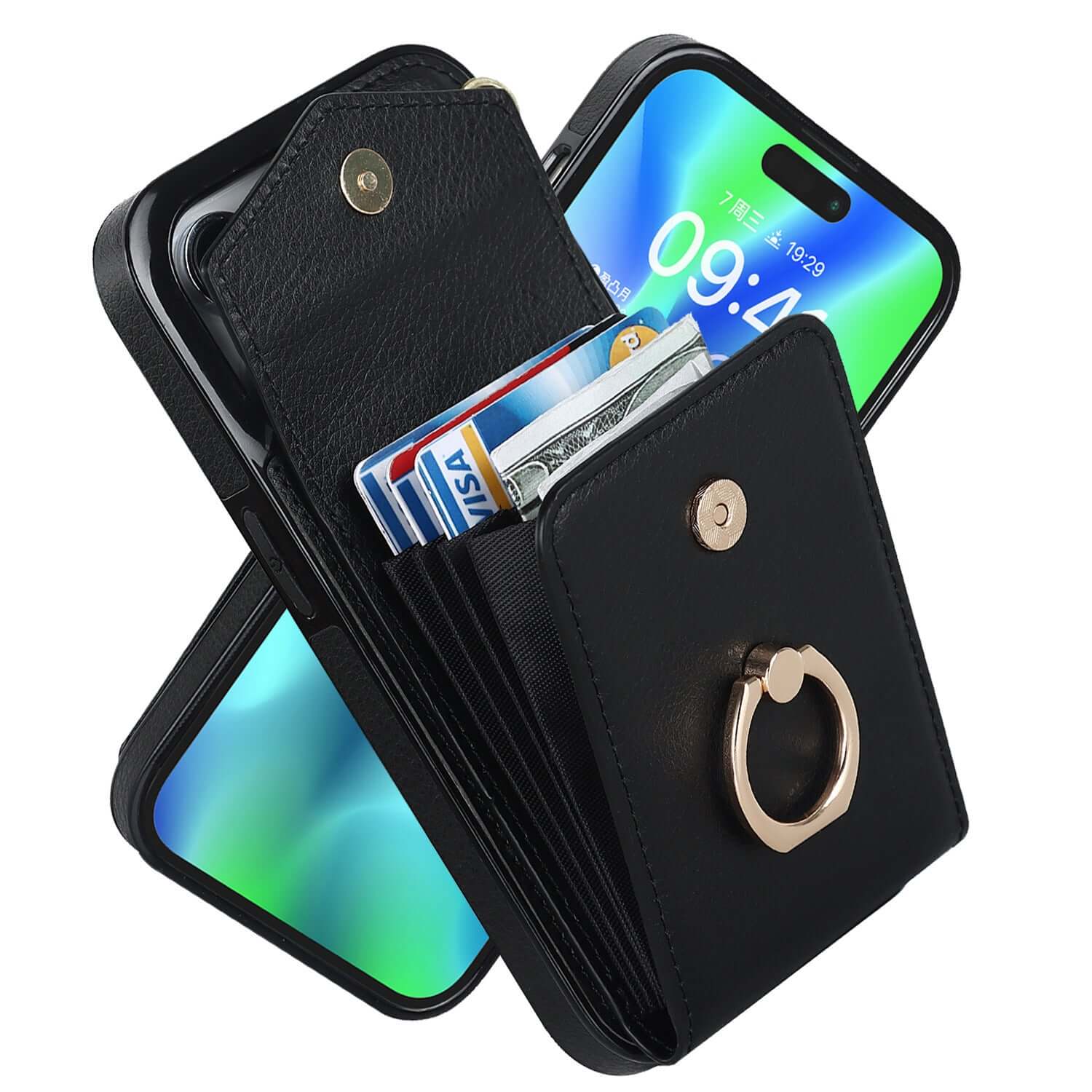 Black leather mobile phone cover with card slots and ring holder, designed for Apple devices.