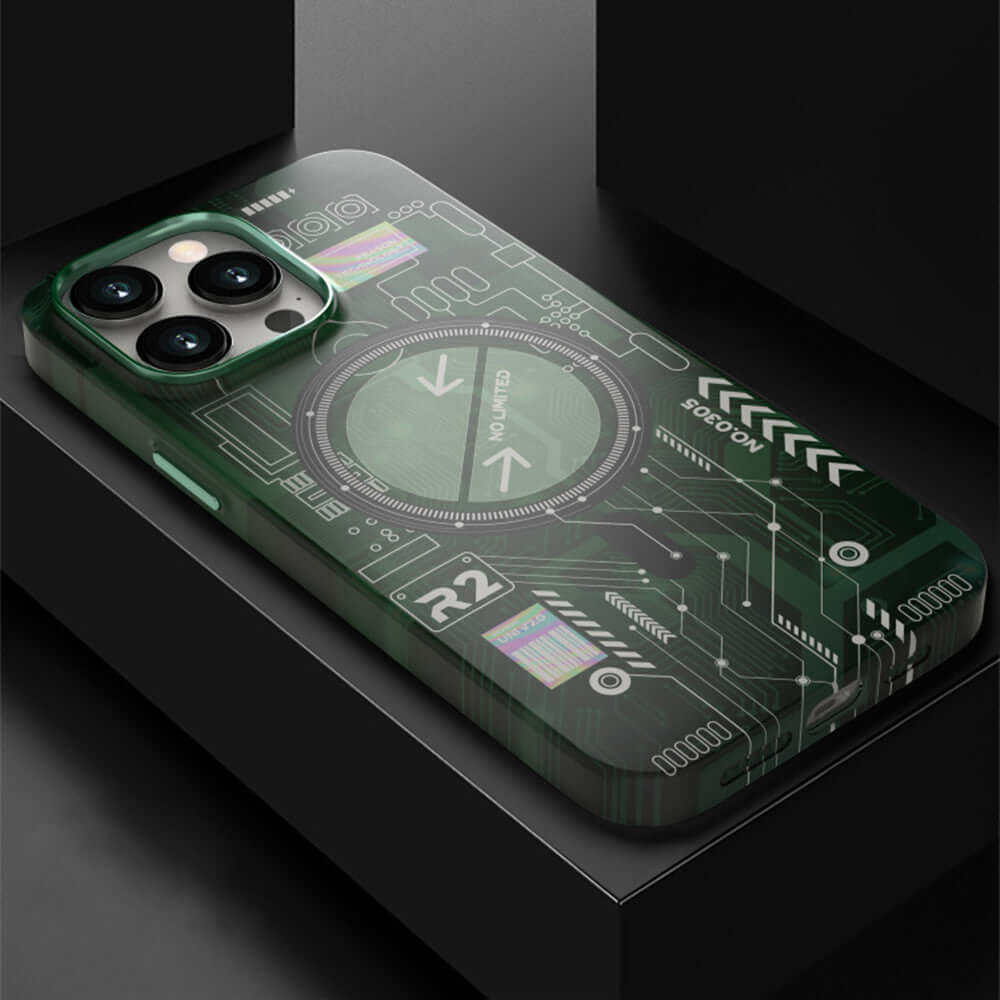 Luminous green back cover phone case with circuit design, compatible with iPhone models, stylish and protective.