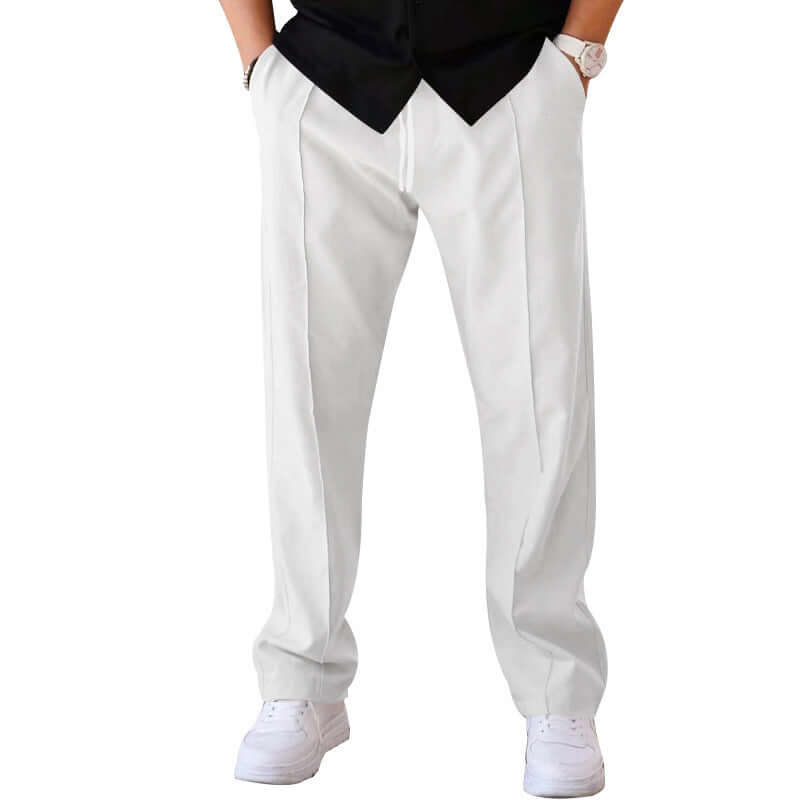 Men's white trousers with a loose straight fit and drawstring design, perfect for sports and casual wear.