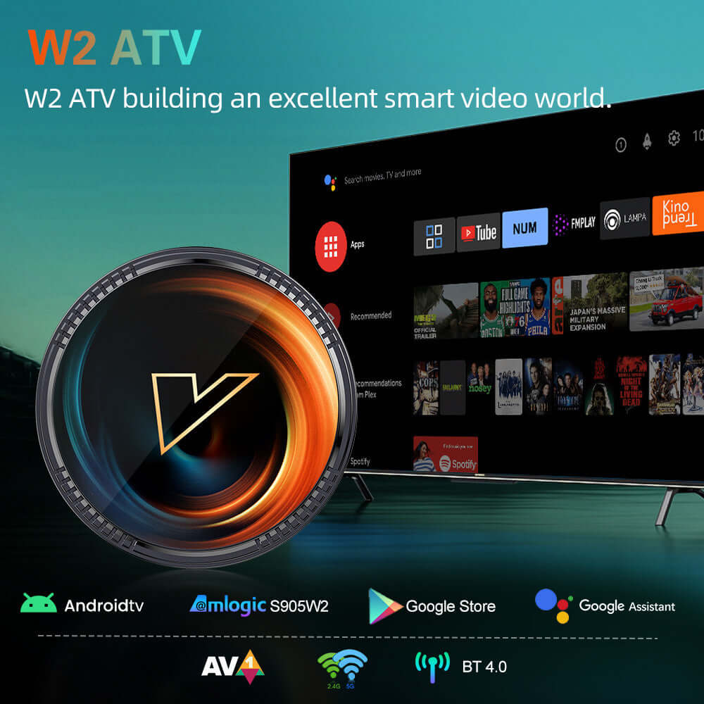 W2 ATV Android TV Box showcasing smart video features and app interface on a modern television screen.
