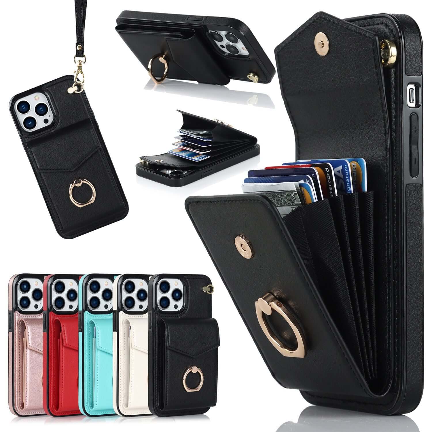 Creative mobile phone leather case with card slots and lanyard, available in various colors.
