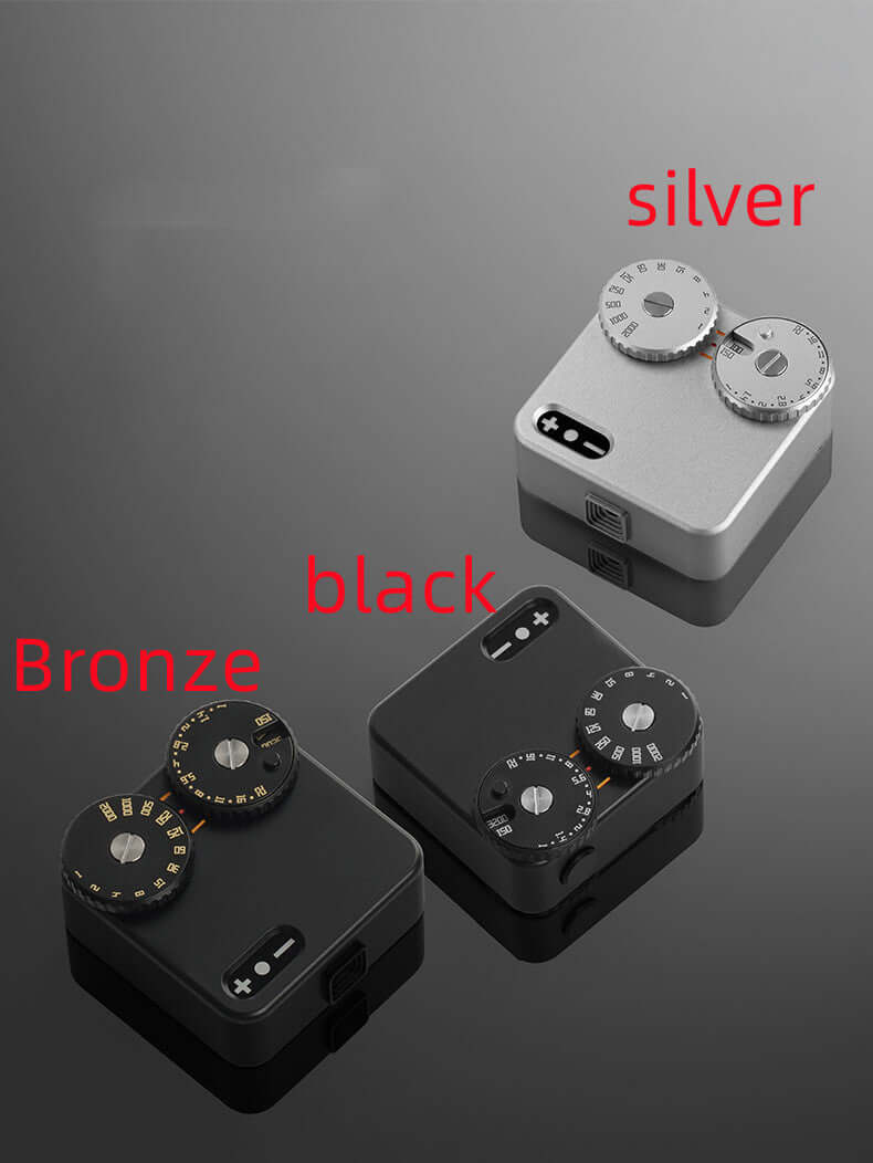 Personalized Leica rangefinder camera accessories in silver, black, and bronze, made from aviation aluminum and brass.