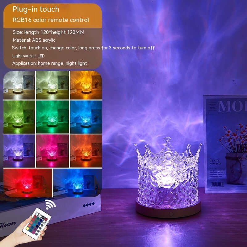 RGB LED crown-shaped lamp with remote control, displaying vibrant colors for home decoration and ambient lighting.
