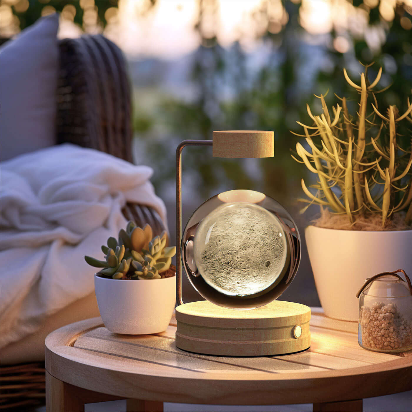 Crystal ball night light with moon design on wooden base, creating a warm ambiance, perfect for indoor decor.