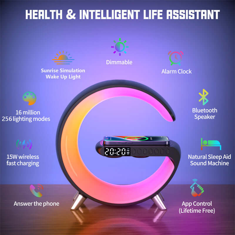 G-shaped LED lamp with wireless charging, Bluetooth speaker, alarm clock, and sunrise simulation features.