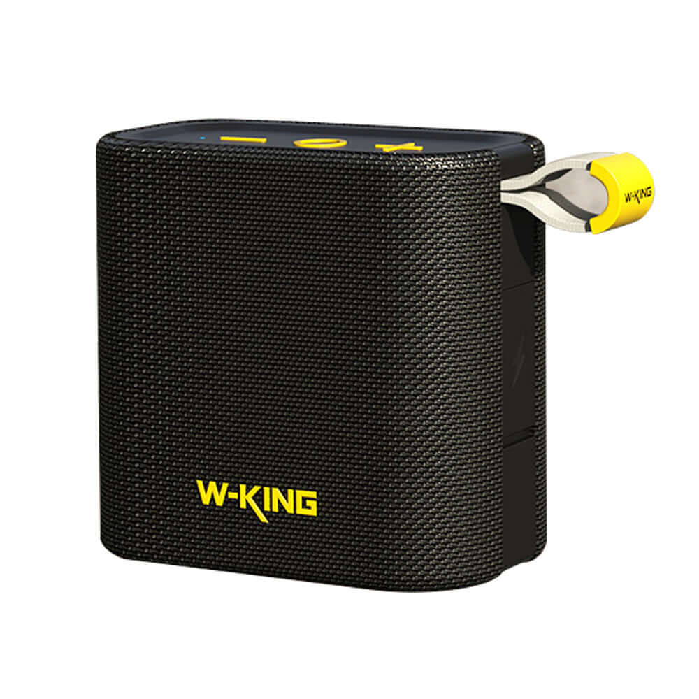 Compact black Bluetooth speaker with wireless connection and waterproof design for portable music enjoyment.
