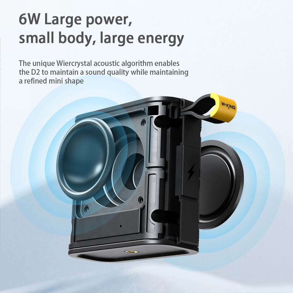 Compact Bluetooth speaker showcasing large power and energy with mini design and advanced acoustic technology.