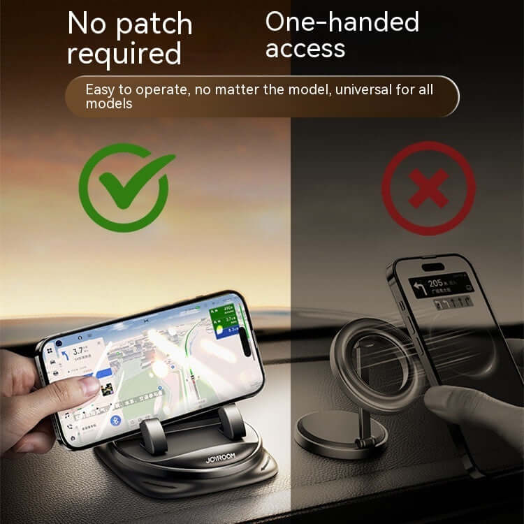 Universal car phone holder showcasing one-handed access and no patch requirement for seamless use in any vehicle.