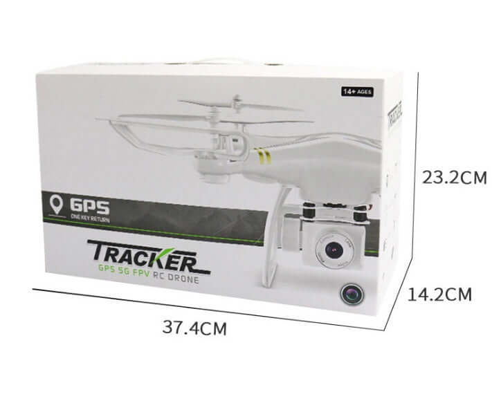 GPS 5G FPV RC drone packaging showing product dimensions and features for improved aerial photography.