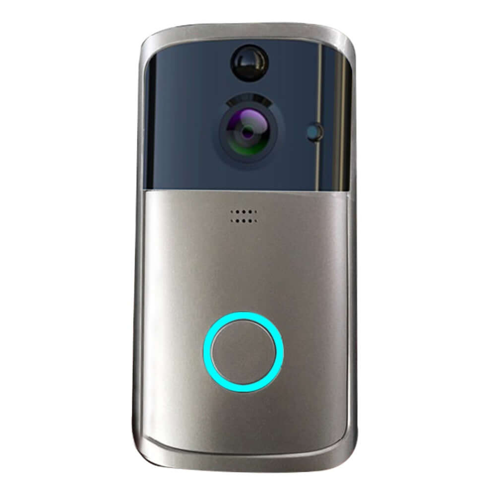 WiFi video doorbell camera with HD infrared night vision and two-way voice intercom, compact design.