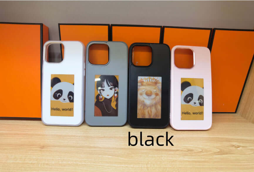 Four-color TPU phone cases for iPhone, featuring panda and lion images, on wooden table with orange background.