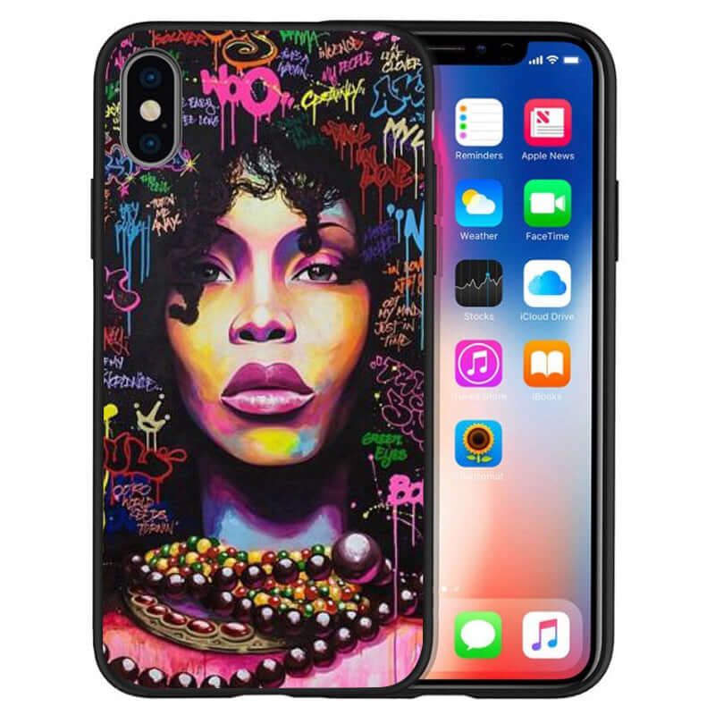 Colorful phone case featuring artistic portrait with urban graffiti style, suitable for fashion-forward users.