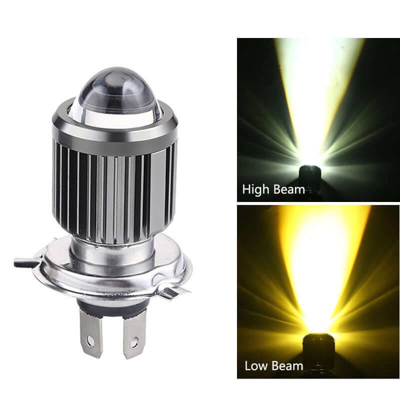 H4 LED motorcycle headlight showing high and low beam settings with aluminum body and lens.