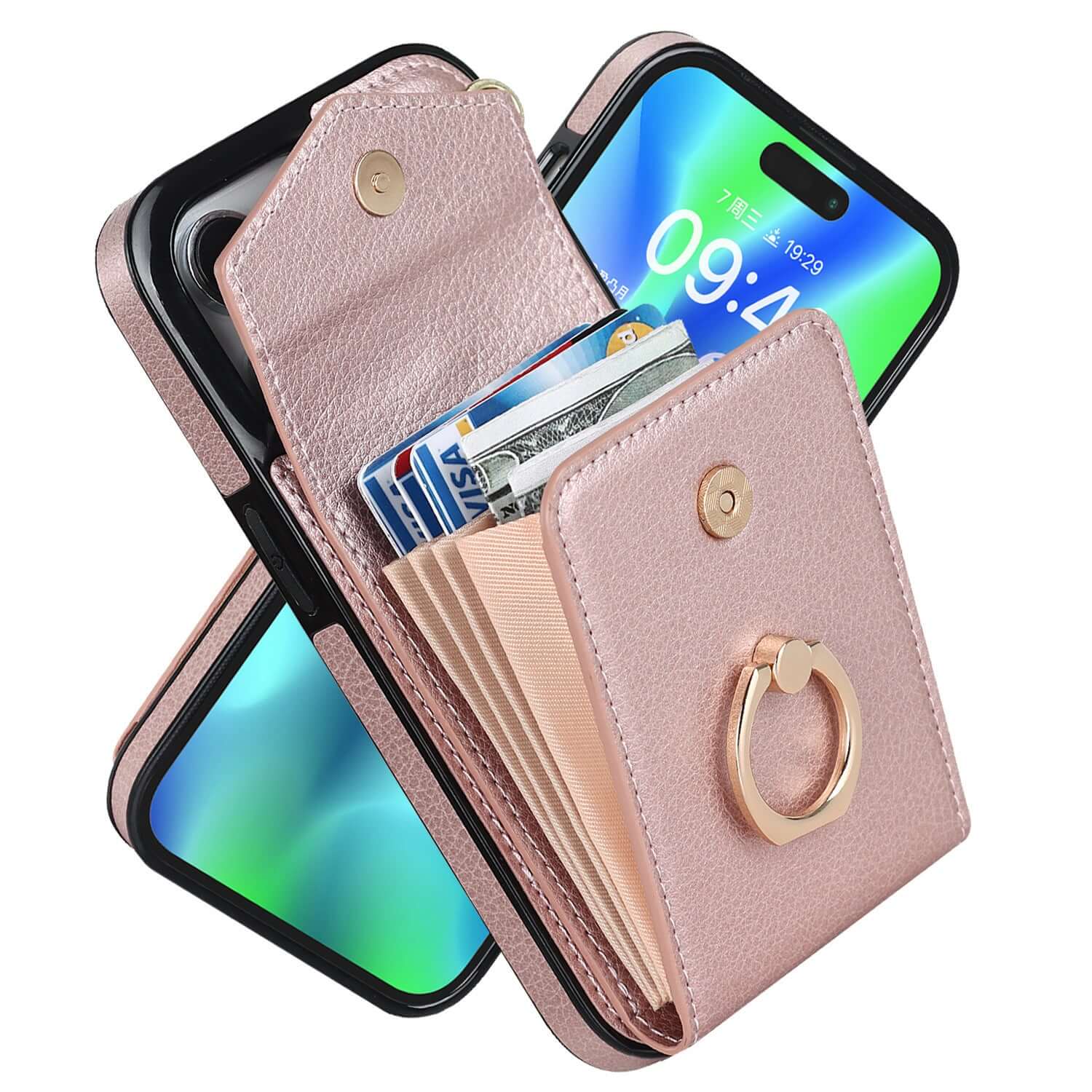 Creative rose gold mobile phone leather cover with card slots and ring, compatible with Apple devices.