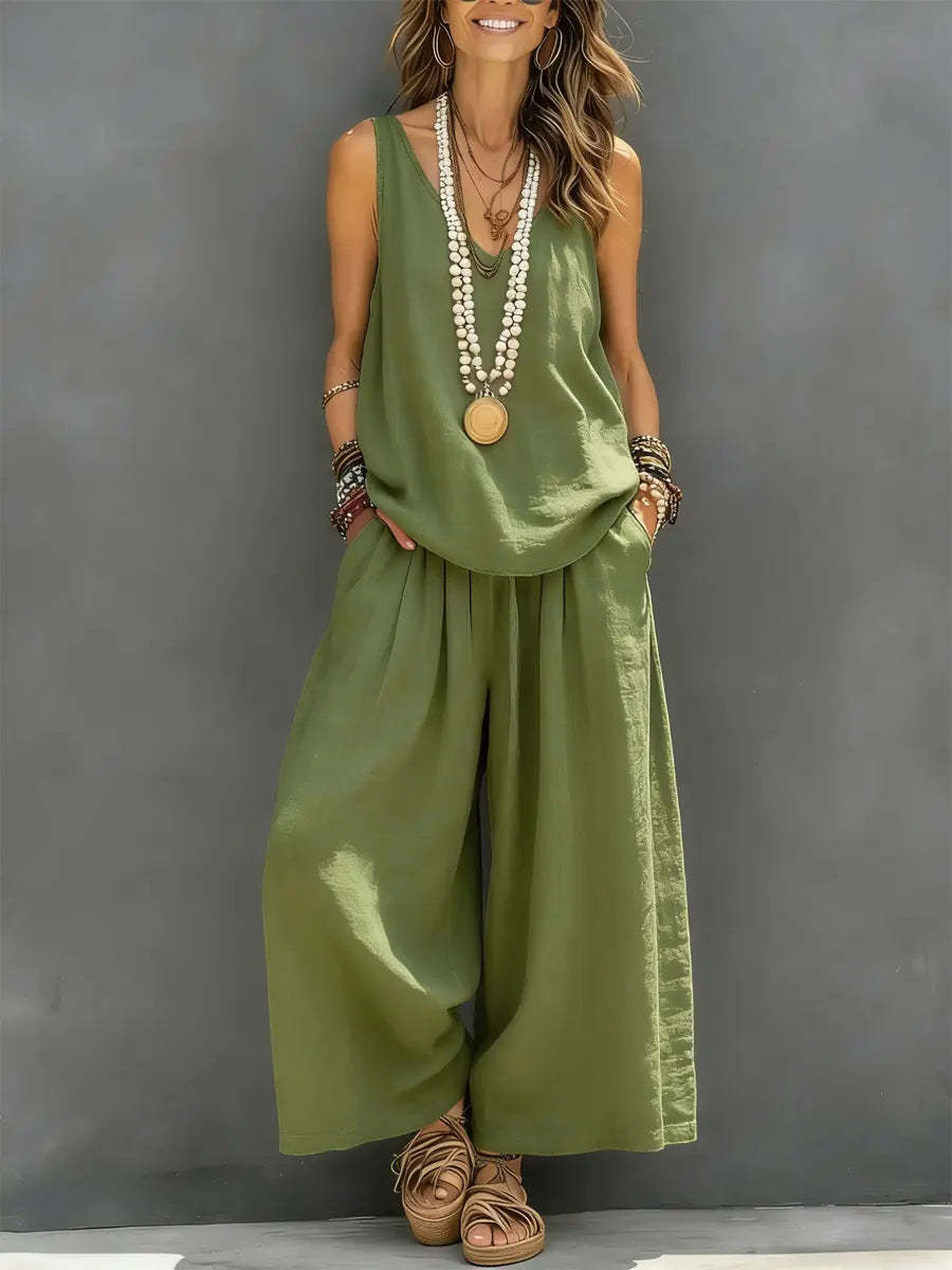 Womens Solid - Colored Casual Sleeveless Tank Top And Wide - Leg Pants Cotton - Linen Set For Daily Wear Holiday Outfit - DBMP (Electronics And More Store)