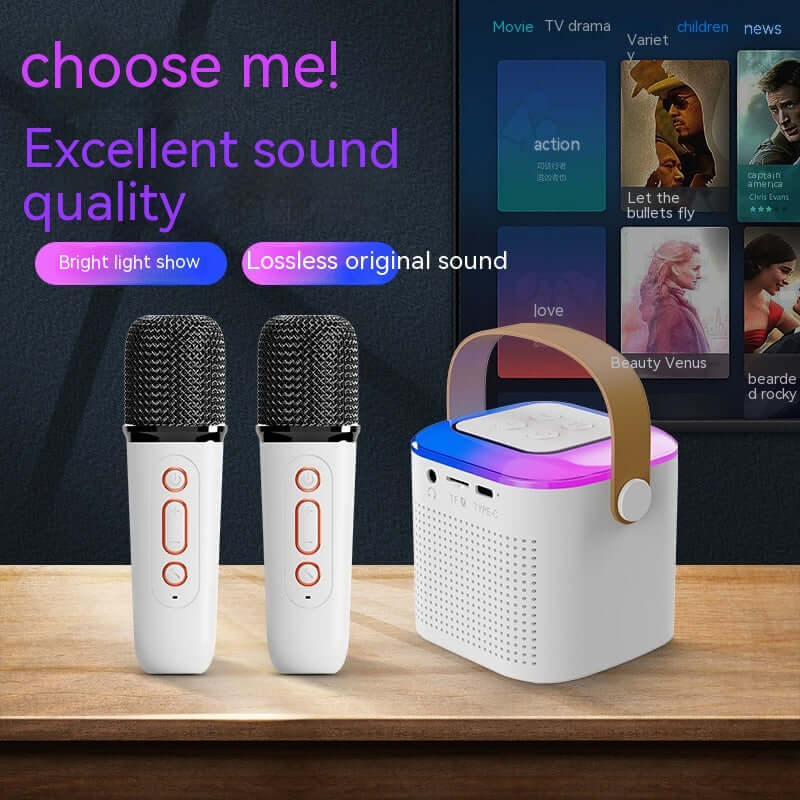 Microphone karaoke machine with dual wireless mics and Bluetooth speaker, showcasing vibrant RGB lights and sound quality.