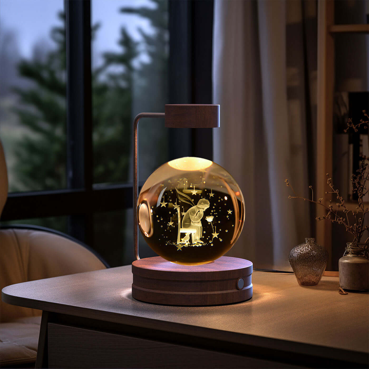 Crystal ball cosmic dinosaur night light with warm glow on bedside table, creating a romantic atmosphere.