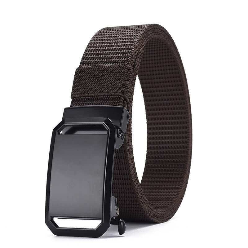 Men's automatic buckle canvas belt in dark brown with a sleek electroplated iron buckle, 120cm length.