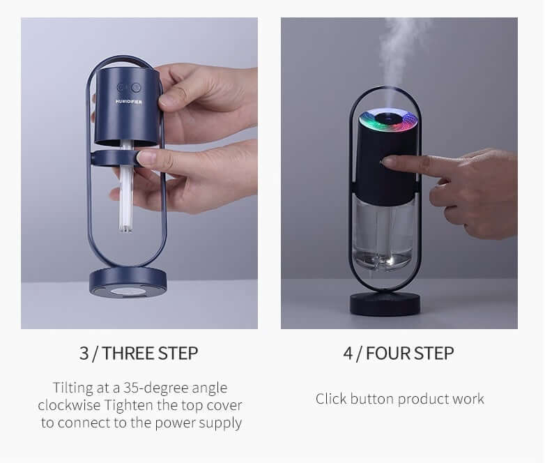 User demonstrating steps to operate the Magic Shadow USB Air Humidifier with projection lights.
