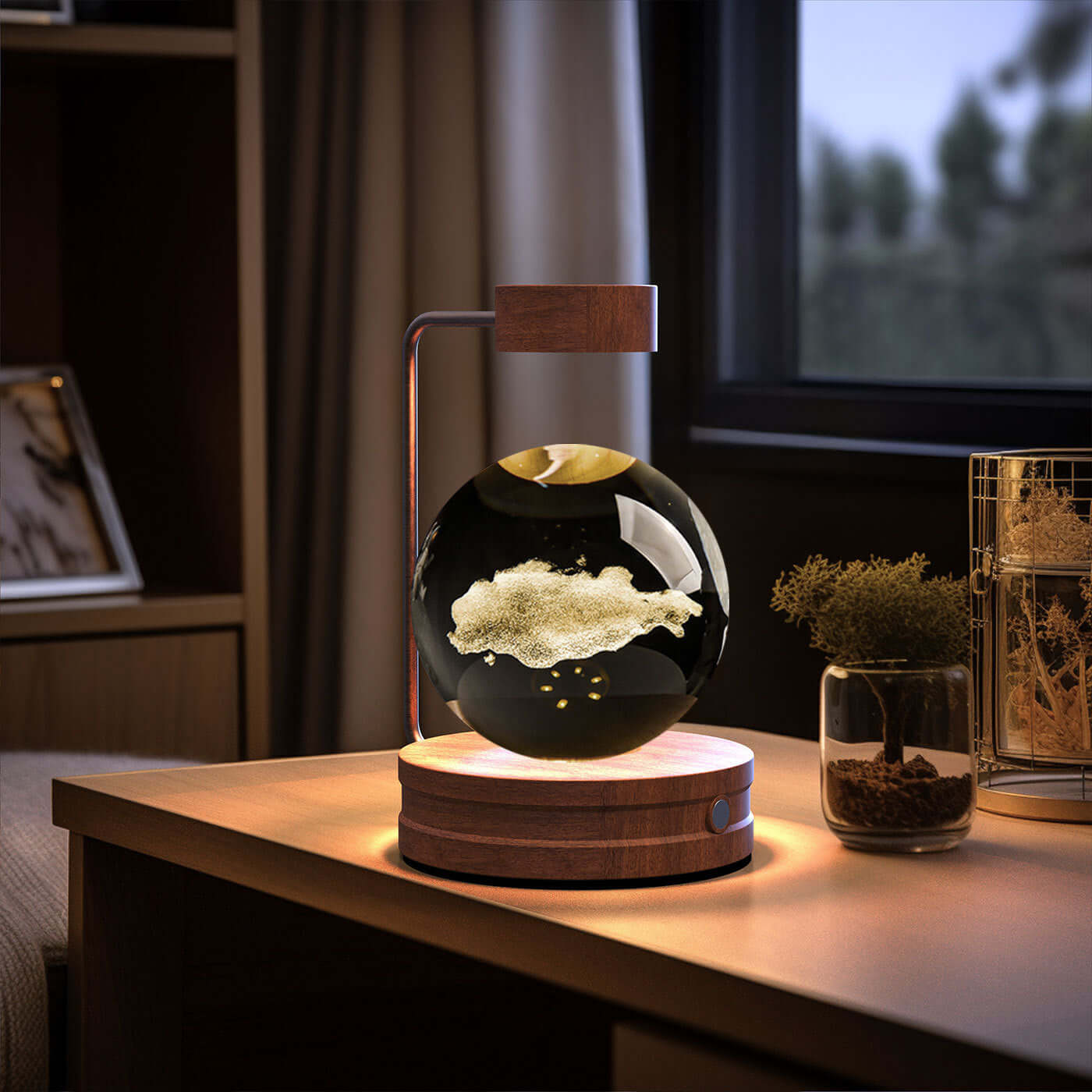 Crystal ball dinosaur night light on a wooden bedside table, creating a warm ambiance in a cozy room.
