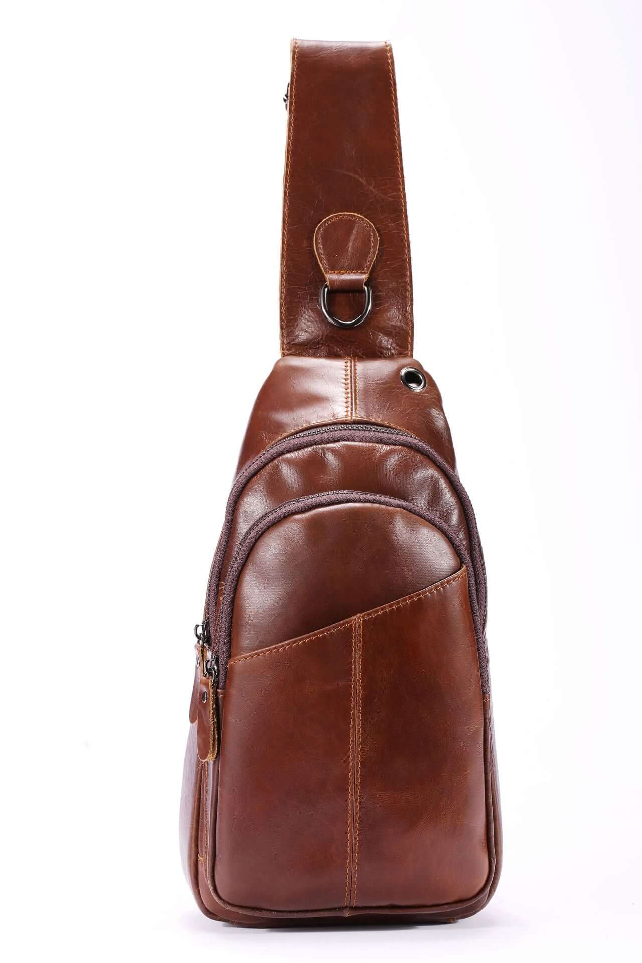 Men's fashion casual leather crossbody bag in brown with minimalist design and adjustable strap.