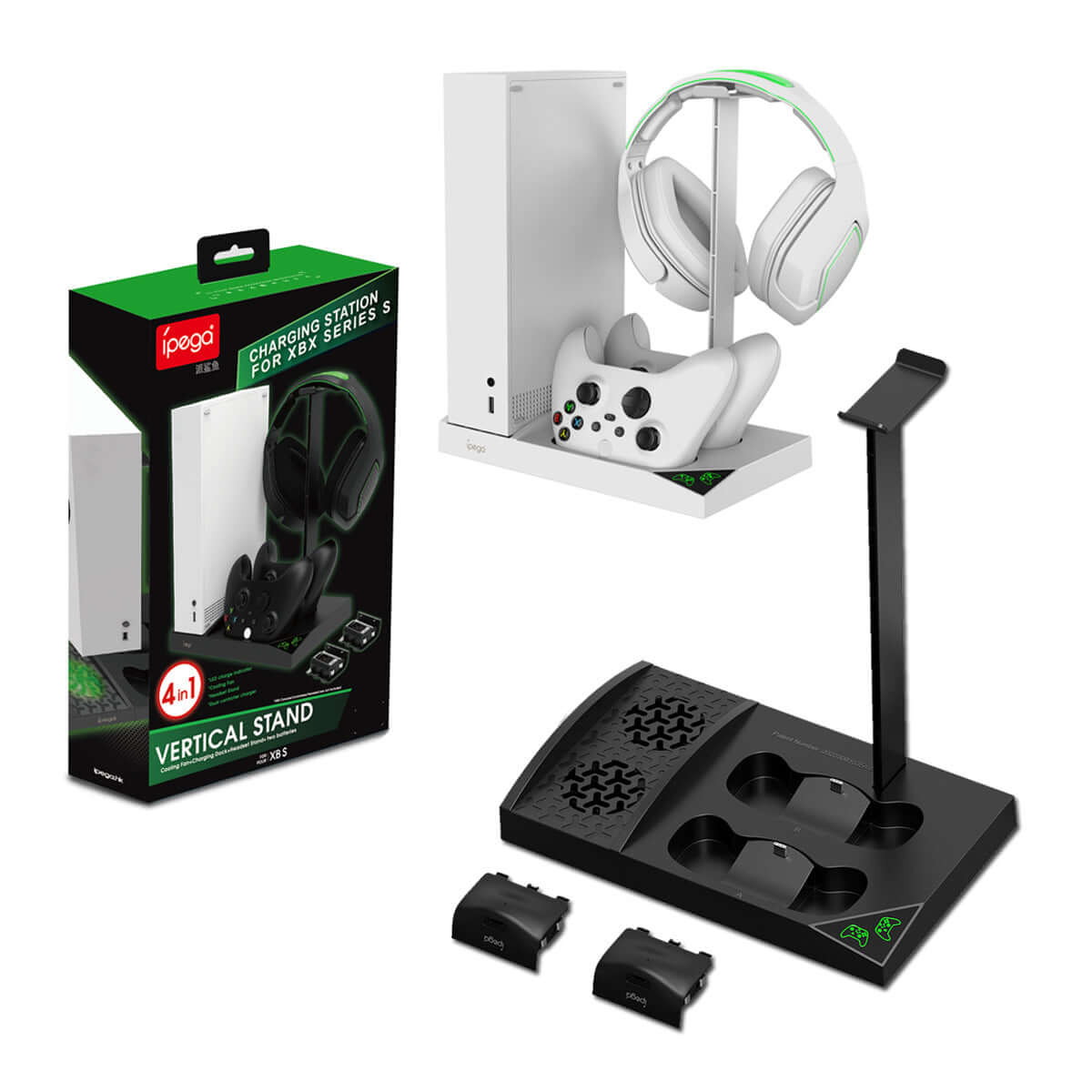 Xbox Series S vertical stand with charging station, gamepad, and headset holder.