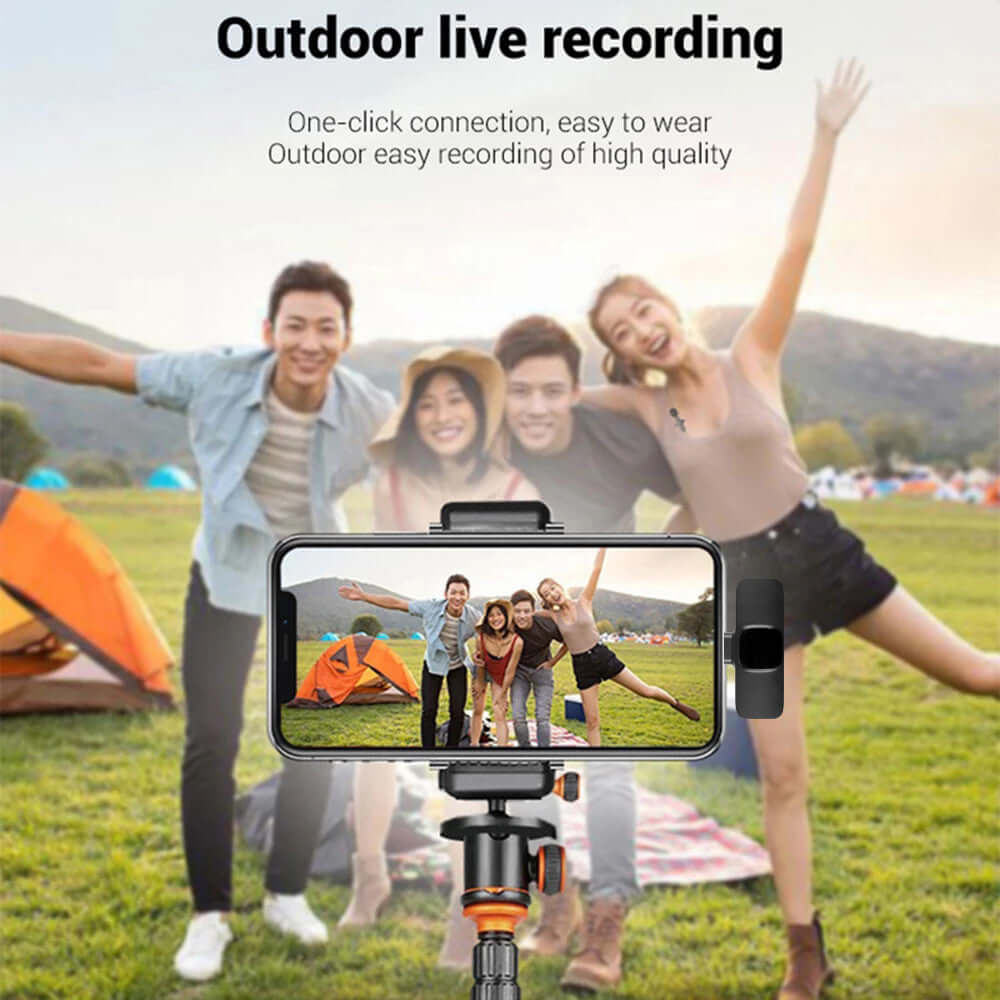 Group of friends enjoying outdoor live recording with smartphone on tripod, showcasing easy one-click connection.
