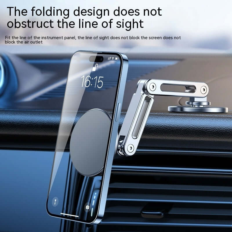 Magnetic car phone holder with folding design, aluminum alloy, unobstructed view, and 360° rotation in moonlight silver.