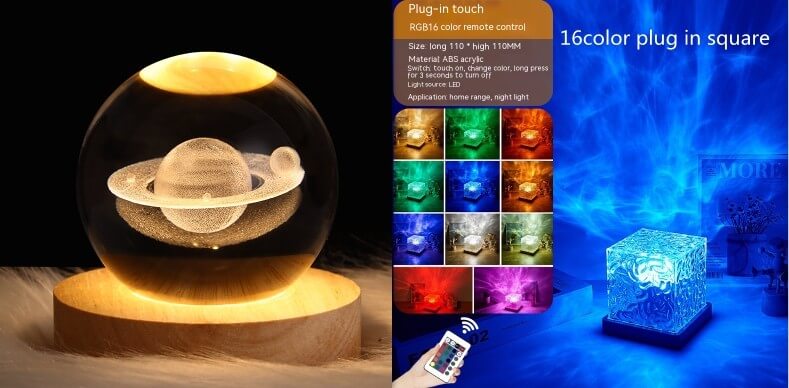 LED ambient light featuring a rotating planet design with 16 color options and remote control for home decor.
