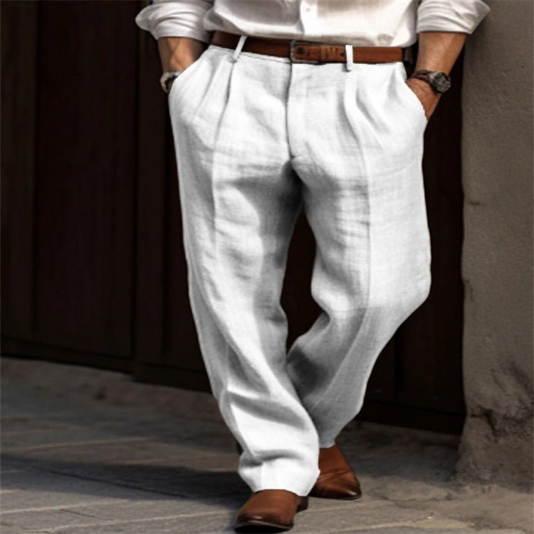 Men's Linen Trousers Double Pleated Front Pocket Straight Pure Color Comfort Breathable Casual - DBMP Shop