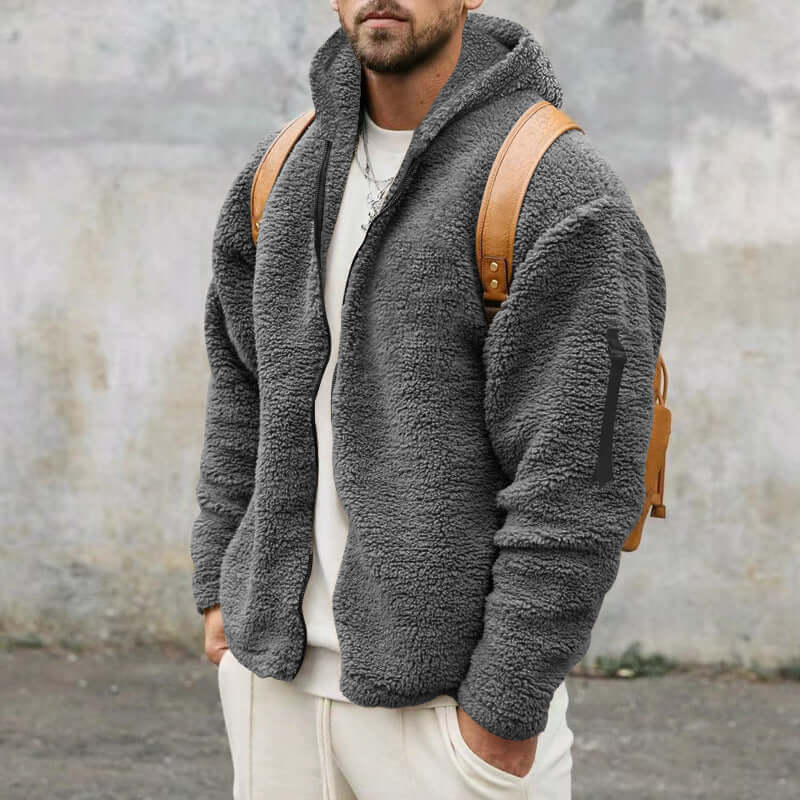 Men's grey plush hooded jacket with zipper, casual outdoor clothing, stylish fleece for autumn and winter.