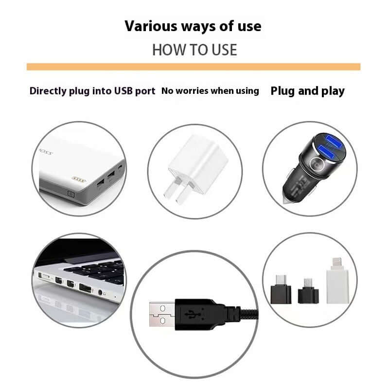 Infographic showing various ways to use a USB device, including connections to laptops, wall chargers, and car adapters.