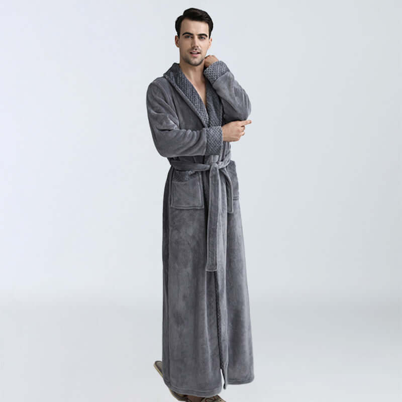 Men's gray long cozy fleece robe, perfect for winter nights and home relaxation.