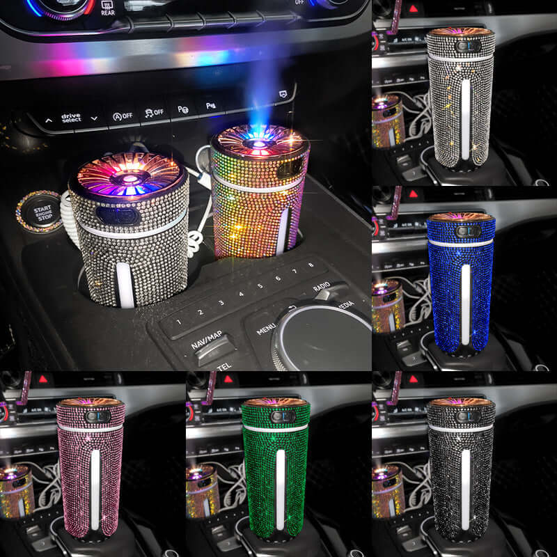 Luxury diamond car humidifier with LED lights, colorful mist diffusers for aromatherapy and air purification