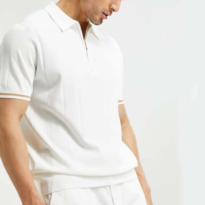 Men's fashion short-sleeved polo shirt in white with lapel and zipper, stylish and comfortable summer wear.