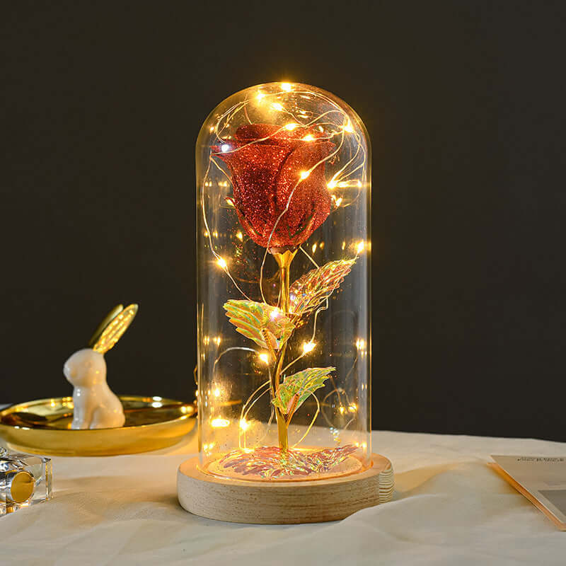 Eternal rose in glass cover with LED lights, perfect romantic gift for Valentine's Day or special occasions.