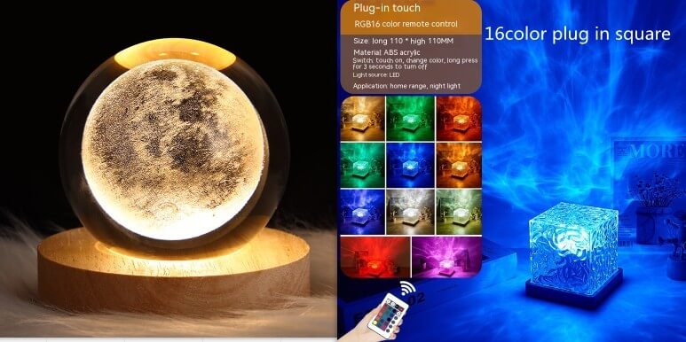 LED night light featuring moon design and remote control with 16 RGB color options, perfect for home decor.
