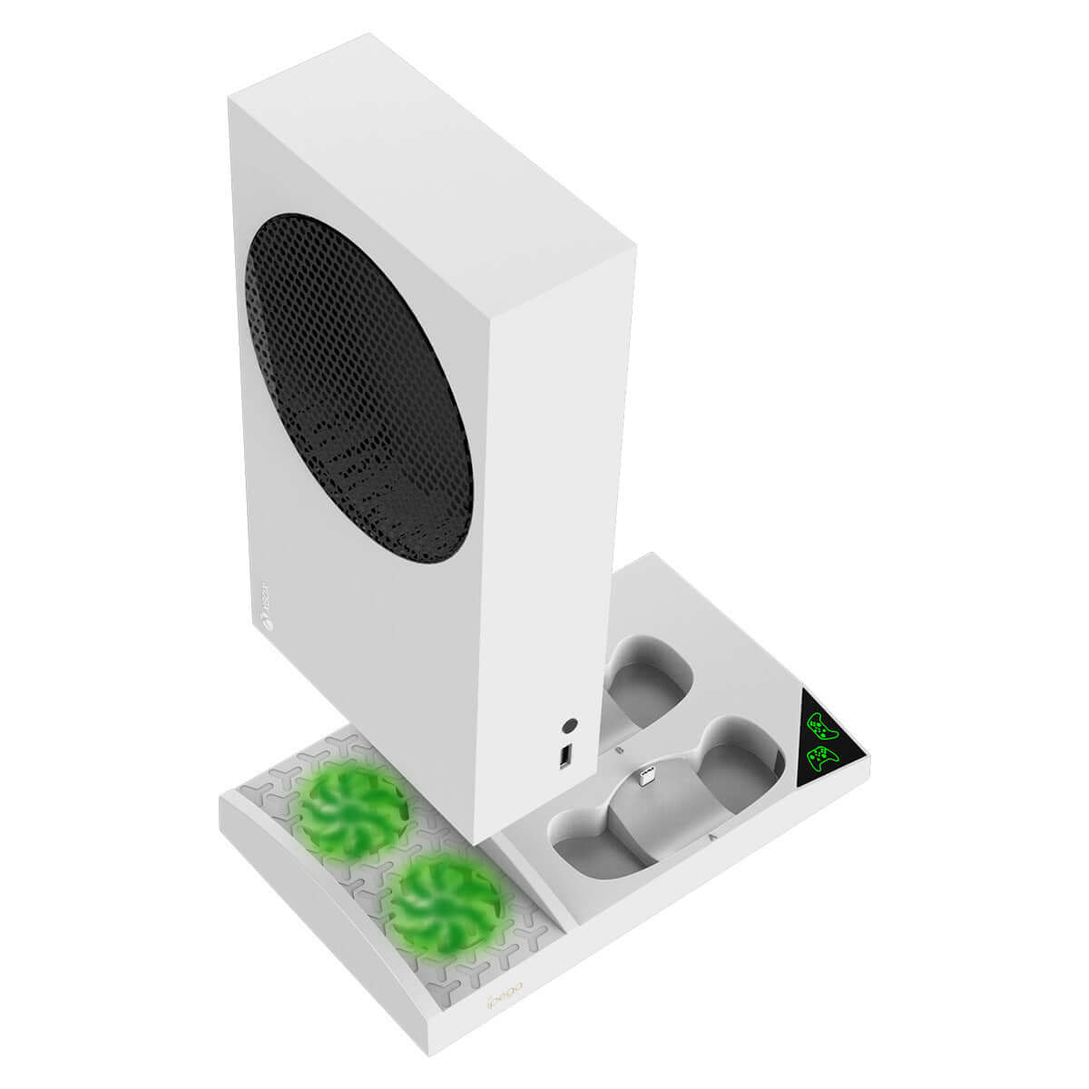 Xbox Series S cooling fan base charger with earphone rack and dual battery support.