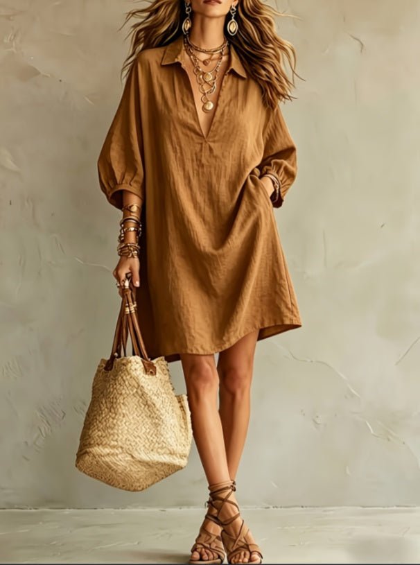 2026 New Polo V-neck Bubble Sleeve Loose Shirt Dress - DBMP Shop