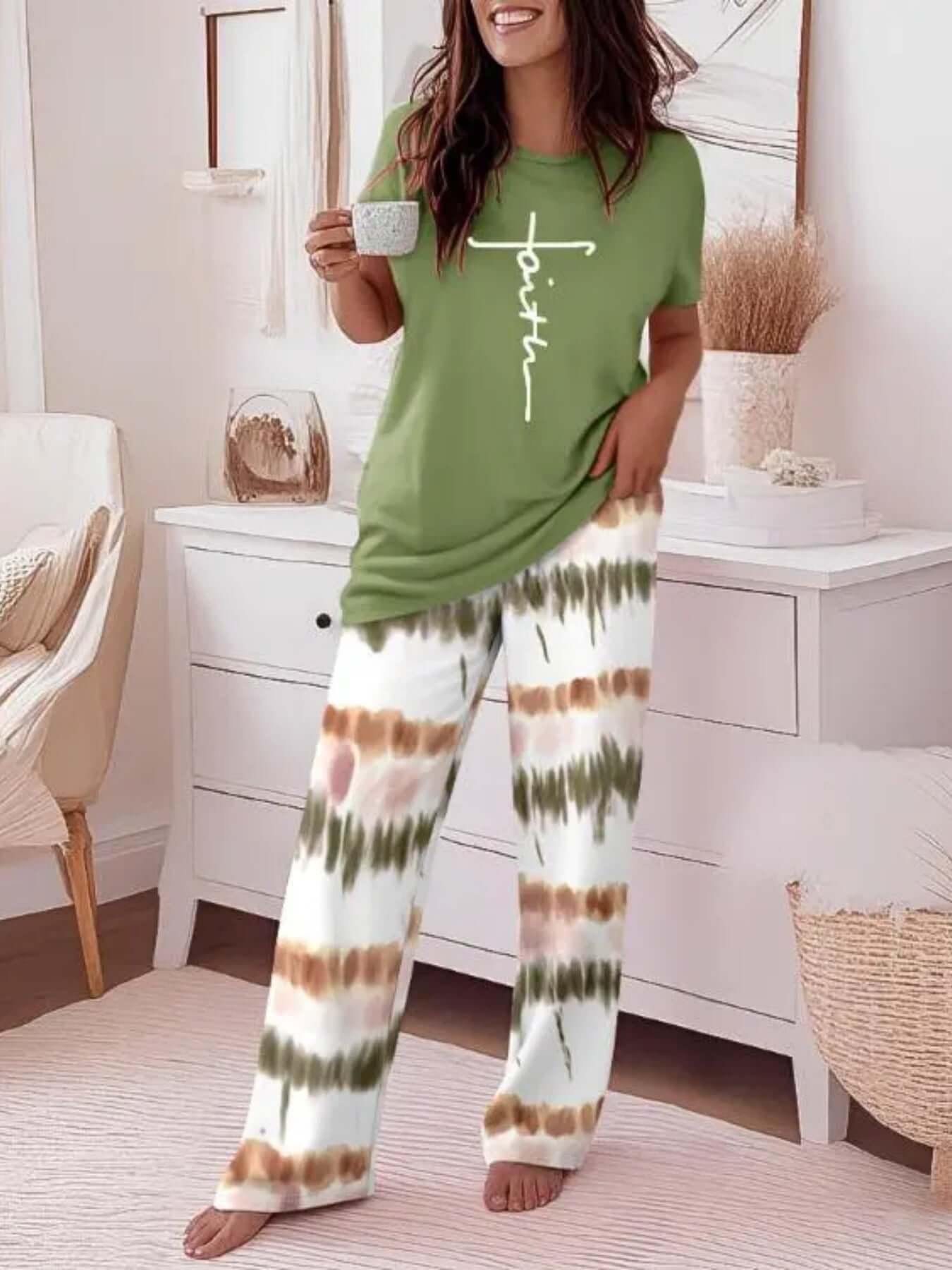 Crew - neck Short - sleeve Casual Striped Print Wide - leg Pants Two - piece Trouser Set - DBMP (Electronics And More Store)