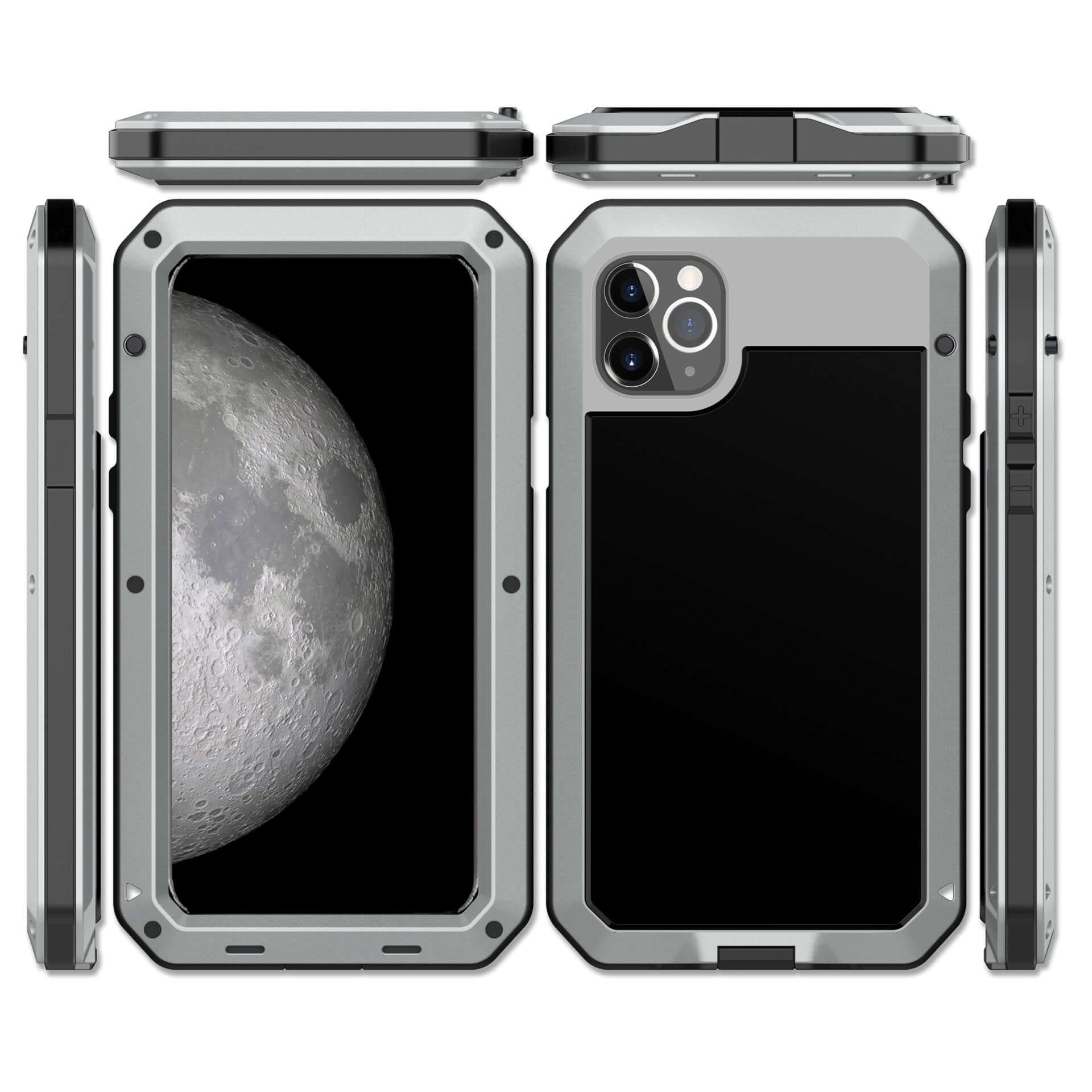 Metal three-proof phone case in silver, showcasing waterproof and anti-drop features with a moon background.