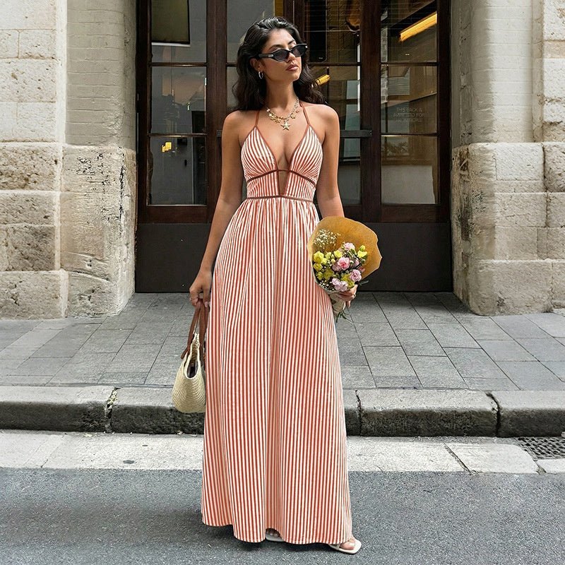 Women's Striped Strappy Dresses Fashion Summer V-Neck Maxi Dress Party Beach Evening Dress Women's Clothing - DBMP Shop