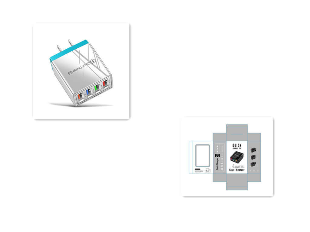 USB charger with 4 ports, Quick Charge 3.0, portable wall adapter for smartphones and tablets.