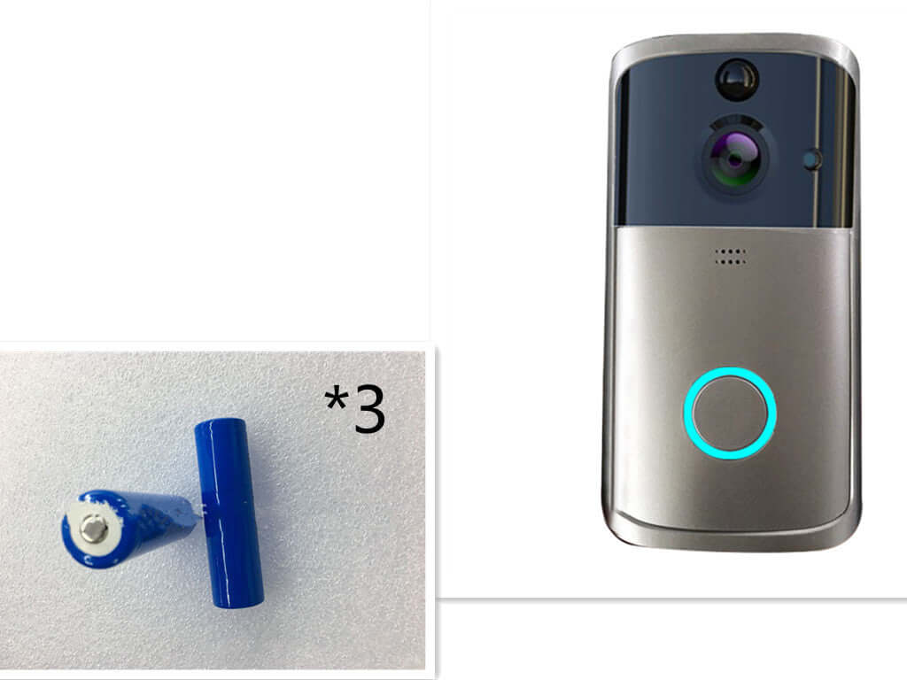 WiFi video doorbell camera with front view and blue components for installation, showcasing modern design and features.