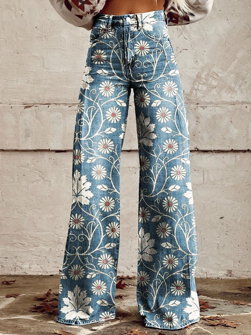 Wide - legged Pants Thermal Transfer Bell - bottom Pants Simulation Denim Trousers - DBMP Shop